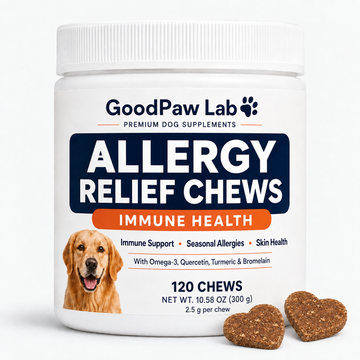 GoodPaw Lab Allergy Relief Chews with brown heart-shaped chews