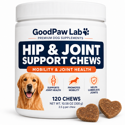 GoodPaw Lab Hip & Joint Support Chews with brown heart-shaped chews