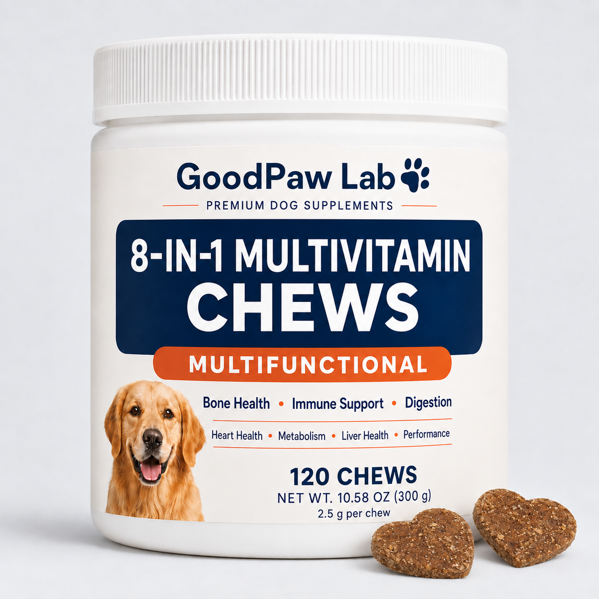 GoodPaw Lab 8-in-1 Multivitamin Chews with brown heart-shaped chews