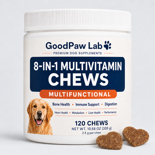 GoodPaw Lab 8-in-1 Multivitamin Chews with brown heart-shaped chews